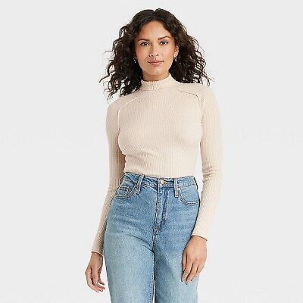 Women's Universal Thread Shrunken Rib Turtleneck Pullover Sweater Cream Tan LG